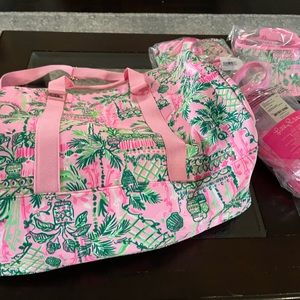 Lilly Pulitzer bag with NWT water bottle and NWT Visor and scrunchie set.